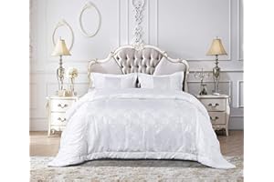 THL Bedspread set 3 Piece Comforter Jacquard Quilted Bed throw With Pillow Shams (Maya-White, Double)