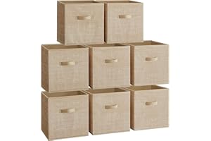SONGMICS Storage Cubes, 33 cm Non-Woven Fabric Bins with Double Handles, Set of 8, Wardrobe Organisers for Shelves, Foldable, for Clothes, Sand Beige ROB833K03