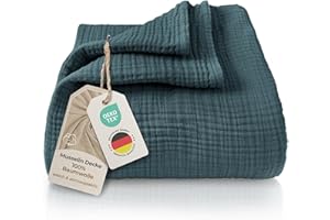 Laynenburg Muślinowa narzuta klasy premium, 180 x 220 cm, 100% bawełna, bardzo miękki koc bawełniany, przytulny koc, narzuta na łóżko, sofę, ciepły koc na sofę (kolor niebieski Mirage)