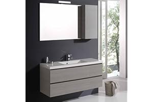 Kiamami Valentina Mueble de baño 120 cm 2 cajones Gris, Lavabo de Resina, Espejo con Armario | Manhattan