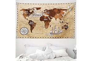 ABAKUHAUS Mapa Tapiz de Pared y Cubrecama Suave, Mapa del Mundo Retro del Bosquejo, Fácil de Lavar No Destiñe, 230 x 140 cm, Marrón Y Marrón Arena