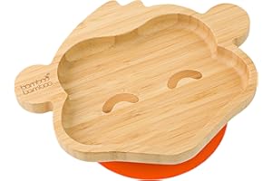 BAMBOO BAMBOO Piatto di Bambù con Ventosa per Neonati - Piatto di Bambù per Bambini, Non Tossico, Naturale, Che Rimane Freddo al Tatto Durante il Baby-Led Weaning (Monkey) Arancione