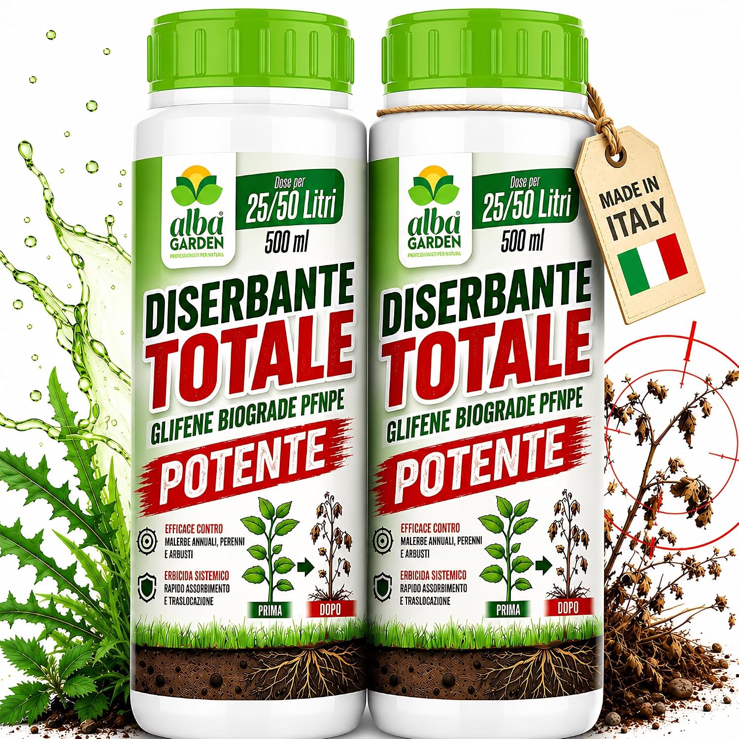 Albagarden - Diserbante Totale POTENTE - 2 x 500 ml - Glifosate Per Erbacce A Azione Sistemica Disseccante- Erbicida Per Diserbo - Seccatutto A Base Di Glifosato Libera Vendita