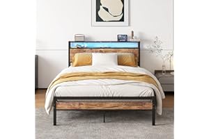HOJINLINERO Double Bed Frame with Storage Shelf & LED lights,4ft6 Metal Bed Frame Double Bed with Charging Station,Mattress Base/Underbed Storage,Heavy Duty Bed 135x190cm Slats Support,Black & Brown