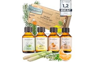 ‎WOODFJORD WOODFJORD Saunaaufguss Set BIO Natur I 4 verschiedene Saunadüfte und -Öle, je 100 ml I Premium Sauna Aufgussmittel Set für authentische Saunaerlebnisse I Das perfekte Saunaduft Probierset