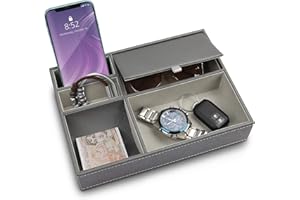 BELLE VOUS Plateau Vide Poche Entree en Similicuir Gris 5 Compartiments - Plateau Cuir Boîte de Rangement pour Portefeuilles, Téléphone, Clés, Boutons de Manchettes, Montres et Bijoux