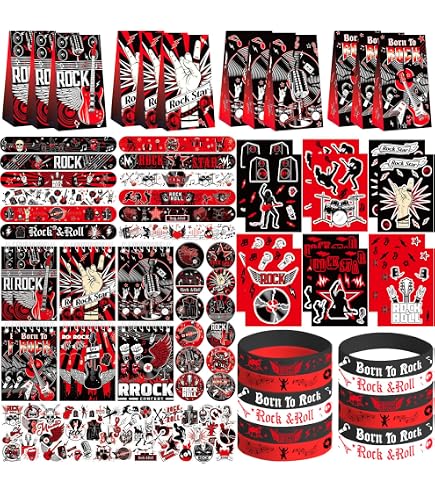 Lot de 110 cadeaux de fête Rock and Roll - Fournitures de décoration Rock Star - Comprend 50 autocollants, 12 porte-clés, 12 badges, 12 bracelets, 12 sacs, 12 feuilles de tatouages