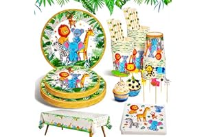 Ophy Vaisselles Jetables en Papier, 134 Pièces Jungle Safari fête thème Vaisselle,Animaux Assiettes Tasses Serviettes Pailles pour 25 Invités, Fournitures fête d'anniversaire Enfants Fêtte Baby Shower