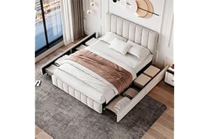 MYBOO 4ft6 Double Bed Frame with 4 Storage Drawers, Upholstered Platform Bed with Adjustable Channel Tufted Headboard, Velvet, Sturdy Metal-Wood Support, No Box Spring Needed, Easy Assembly,Beige Double Bed