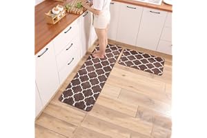 TiRiSMART Kitchen Rugs Non Slip Washable Sets 2 Piece Kitchen Mat Absorbent Soft Microfiber Cushioned Antifouling and Oil Drainage (43cm*61cm+43cm*122cm),Coffee