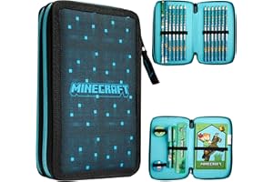 MINECRAFT Astuccio Matite per Bambini con Scomparti Multipli, Include Accessori Scuola (Blu/Nero)