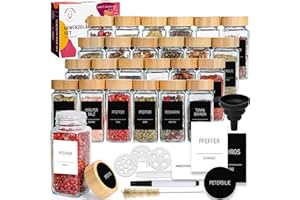 Happy Lemuro Gewürzgläser mit Streueinsatz [24 x 120 ml] 435 Etiketten auf Deutsch | Gewürzbehälter mit Deckeln aus Bambus. Gewürzgläser Eckig 24er Set, Organizer Gewürze Aufbewahrung, Spice Jars