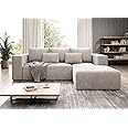 Moderno Corner Sofa with Sleep Function Stripes - Sofa with 3-Seater and Robust Cover - L-Shape Sofa Bed - Modern Couch Cord - 255 x 73 x 161 cm - Right, Creamy