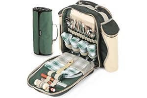 Greenfield Collection 4 Person Deluxe Picnic Set Rucksack with Matching Picnic Blanket; Hamper Includes Cutlery Set; Perfect Waterproof Coolbag Backpack for Outdoor; Camping and Hiking - Green