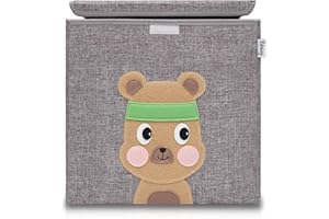 LIFENEY Aufbewahrungsbox mit Deckel und Bär I Spielzeugbox mit Tiermotiv passend für Würfelregale I Ordnungsbox für das Kinderzimmer I Aufbewahrungskorb Kinder
