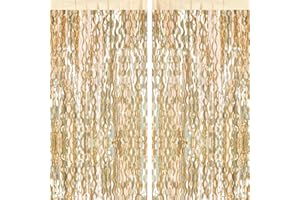 G2PLUS Wavy Glitter Champagne Gold Foil Curtains, 2PCS Metallic Tinsel Foil Fringe Curtains, 1m×2m Wave Tinsel Curtain Streamers, Party Backdrop Foil Curtain for Birthday Wedding Prom Decoration