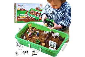 DAZMERS Farm Sand Play Set - Sensory Toys for Kids with 2 lbs of Sand, Farm Animals, Signs, Fences, Trucks and Farm Tools - 28 Farm Toy Figures with Container Storage for 3, 4, 5 Year Old Toddlers