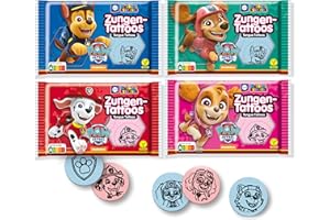 Küchle PawPatrol Zungentattoos im 4er Set 4x11g, vegane Süßigkeit, Tutti-Frutti & Erdbeer Geschmack, rot & blau, mit Skye, Chase, Zuma & Marshall von Paw Patrol, fruchtige Leckereien