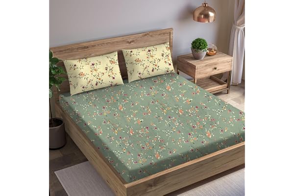 Trance Home Linen 180TC 100% Cotton 84"x78" Elastic Fitted Bedsheet Super King Bed Size Printed Fitted Sheet Elasticated Fitted Bedspread with 2 Pillow Covers (84x78 inch, Lilly Green Ivory)