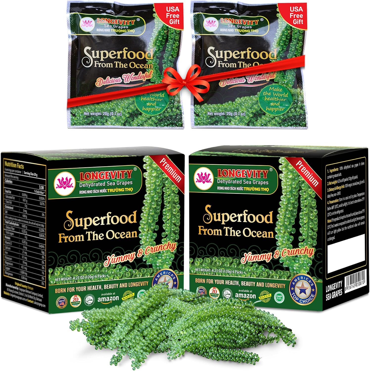 Longevity Uvas de mar - Umibudo verde Caviar -Dehydrated, pérdida de peso, impulsar el sistema inmunológico, valorado Regalo De Mar, 8.5 onzas de 12 paquetes (original, 240g)