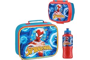Marvel Brotdose Kindergarten Schule Set 3er Kinder Lunchbox Set mit Lunchtasche Brotdose und Trinkflasche Junge Avengers Spiderman (Blau Spiderman)
