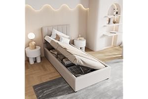 JiaOyu Lettino singolo imbottito 90 x 200 cm, letto singolo per ragazzi con contenitore e testiera regolabile, struttura idraulica, con rete a doghe, senza materasso (beige-A)