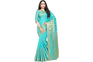 MIMOSA Damen Kunst Seide Saree Kanjivaram Stil Mit Ungenäht Bluse - Türkis Blau, Türkis, Blau, Einheitsgröße
