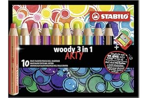 Crayon de Couleur STABILO woody 3in1 - Étui carton ARTY de 10 Crayons Dessin Gamme ARTY, Crayon Large à Mine XXL, Couleurs Assorties, Taille-crayon inclus