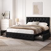 Yaheetech Upholstered Leather Bed Pull Button Padded Storage Bed 160 x 200 cm Black