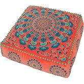 Mandala Life ART Housse de Pouf Orange avec Broderie en Velours - Coussin de Sol Doux brodé au Design marocain, 60 cm de diam