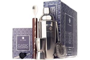 Rusty Barrel Manhattan Set Cocktail – Shaker Cocktail Grande in acciaio INOX, Pestello in legno, Strainer, Misurino, Versatore, Cucchiaio e Libro di ricette con confezione regalo luxury