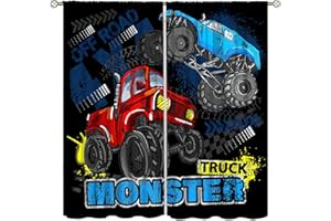 AAVEUP Monster Trucks Vorhänge für Kinderzimmer, Cartoon, rote und blaue Autoreifen, Monster-Schmutz, Bigfoots, Autofenstervorhänge für Jungen, Jugendzimmer, Kinderzimmer, Wohnzimmer, 106,7 x 114,3 cm