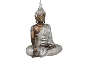 Maturi Adorno tailandés de Buda Que Toca la Tierra sentada, Metal, Plateado, 10.16 x 24.13 x 34.29 cm