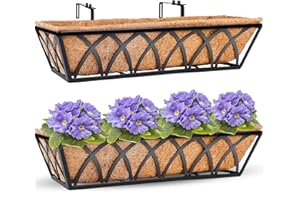 HFHOME 2Pcs 24"/60.9cm Hanging Flower Baskets, Wall Mounted Trough Basket with Coco Liner, Metal Window Deck Box for Window Box Porch Balcony Fences