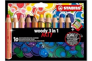 ‎STABILO STABILO - Buntstift, Wasserfarbe & Wachsmalkreide - woody 3 in 1 - ARTY - 10er Pack und Spitzer