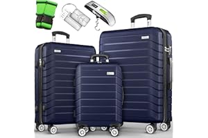 tillvex® Set di 3 valigie da viaggio + bilancia per bagagli, 6 cinghie per valigie e 3 etichette per bagagli, set da 4 ruote, trolley valigia TSA, serratura rigida M-L-XL, blu navy