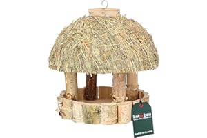 KOTARBAU® Mangiatoia Per Uccelli - Legno - ⌀ 28 cm - Naturale - Tetto In Paglia - Casetta Uccellini Da Esterno - Mangiatoia Uccelli Selvatici - Decorazione Da Giardino - Resistente Alle Intemperie