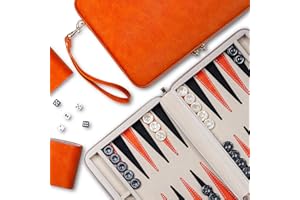 Lingle Jeux de Backgammon de 23,9 cm pour Adultes, Jeu de société Classique avec étui de Backgammon Pliable en Simili Cuir, Ensemble de Voyage Portable, Comprenant 30 Dames en Corne (Orange)