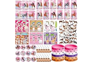 ENCETARDE Bomboniere per feste a forma di cavallo rosa, 41 adesivi a forma di cavallo, 12 sacchetti per regali, 12 badge a bottone, 12 portachiavi, 12 mini quaderni, 12 braccialetti in gomma per ragazze, donne,