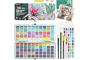 KEBUYE Watercolour Paint Set Art Watercolor - 100 Water Colour Paints Sets in Portable Box - Travel Watercolours Kit with Brushes Paper Pencils Palette - Essential Kits for Kids Adults Artist Beginners