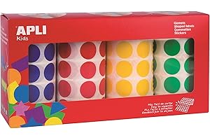 APLI Kids 13793 - Pack 4 rollos de gomets redondos, 20 mm, colores azul ,rojo, amarillo y verde 7.080uds