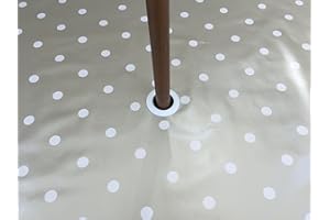 THE TABLECLOTH COMPANY 55" DIAMETER ROUND PVC/VINYL TABLECLOTH - CHAMPAGNE POLKA DOT WITH PARASOL HOLE