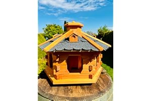 DARLUX Mangeoire à oiseaux hexagonal en bois fait à la main - Résistant aux intempéries - Taille M - XXL avec et sans support - Mangeoire - Toit en bitume