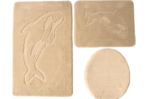 Ilkadim Delphin Badgarnitur 3 TLG. Set 55x85 cm einfarbig, WC Vorleger ohne Ausschnitt für Hänge-WC (beige)