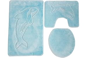 Ilkadim Delphin Badgarnitur 3 TLG. Set 55x85 cm einfarbig, WC Vorleger mit Ausschnitt für Stand-WC (eisblau)