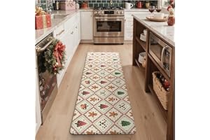 GENIMO Christmas Kitchen Runner Rug 60x180cm – Anti-Fatigue Washable Floor Mat with Non-Slip Backing, Soft Holiday Carpet with Xmas Patchwork Design for Indoor Use