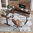 FEZIBO 160 x 60 cm L Shaped Corner Stand up Electric Height Adjustbale Standing Desk with 4 Drawers, with Splice Board, Black Frame/Black Walnut Top