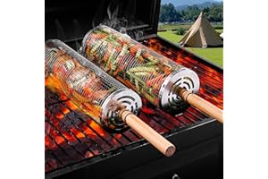 KIMUWOTE 2 Pièces Panier de Cuisson pour Barbecue, Acier Inoxydable Cylindre de Panier Gril Roulant BBQ avec poignée, Cuisson Accessoire Barbecue pour Grillades, Légumes, Viande, Poisson
