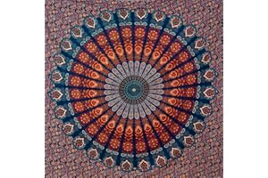 MOMOMUS Wandteppich Mandala - Mehrzweck, Bunt, 100% Baumwolle - Ideal als Wandteppich Aesthetic, Wandtuch Boho, Indischer Wandbehang aus Stoff oder Wall Tapestry - Blau und Rot, 210x230 cm