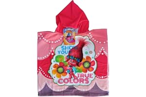 DreamWorks - Poncho/asciugamano in microfibra con cappuccio, Motivo Poppy (Trolls), in seta satinata, 50 x 100 cm (asciugamano) e 50 x 50 cm (poncho)